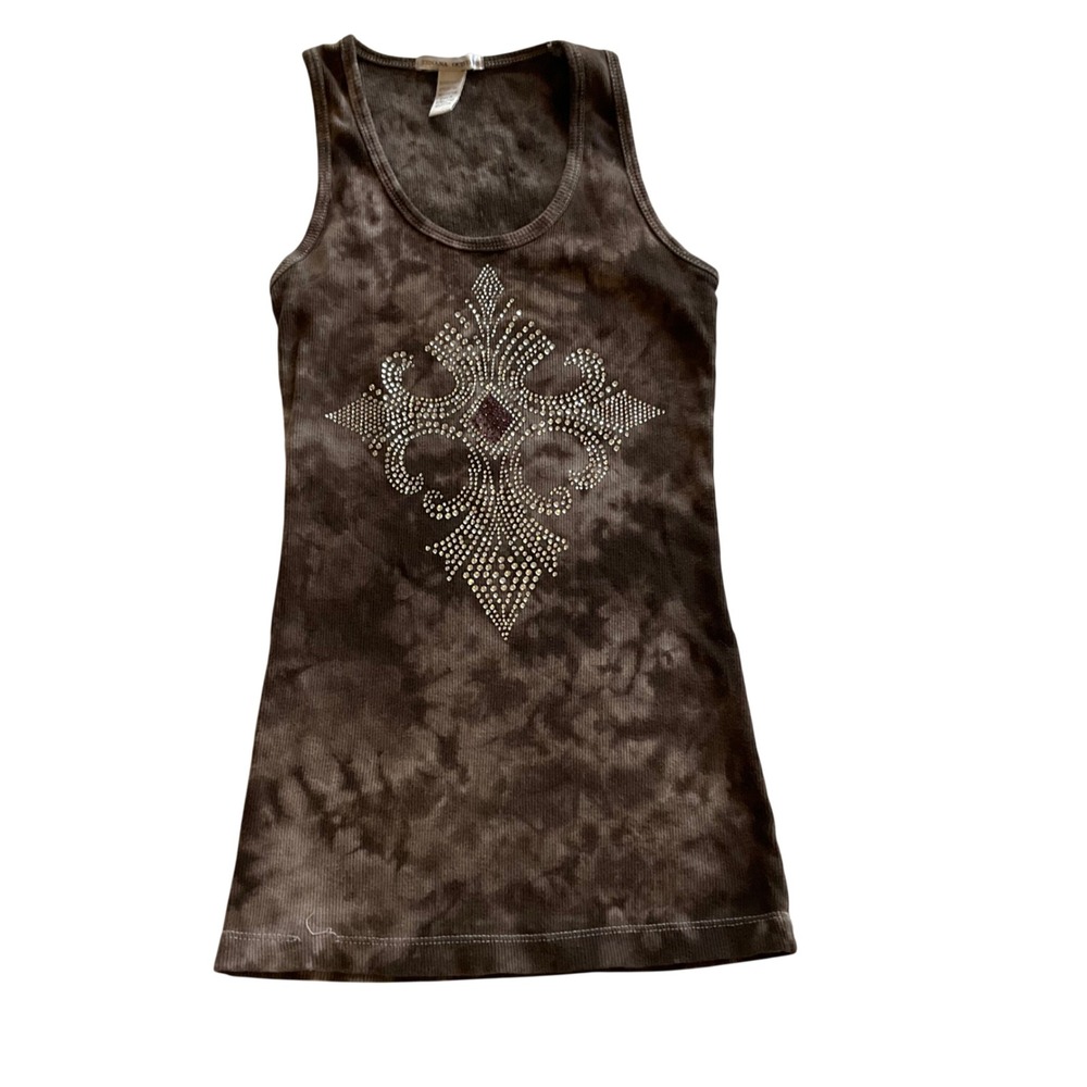 Zenana Outfitters Y2K Tank Top Women Med Brown‎ Tie Dye Rhinestone Fleur De Lis